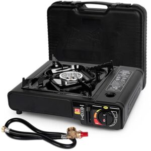 Dual Fuel Portable Gas Stove for Propane & Butane, Camping Stove with Single Burner, Propane Adapter Hose and Carrying Case Included, 7800BTUs, Aluminium