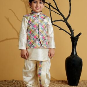Kids Silk Blend Full Sleeve Embroidered Dhoti Kurta Set for Boys - Ethnic wear | Traditional & Festival Wear|Waistcoat for boys - Regular Fit