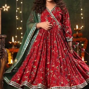 Rayon Blend Floral Pattern Anarkali Dress Payjama Dupatta Set with 3/4 Sleeve V- Neck and Drawstring Closure Type| Kurta Sharara Set for Girl's