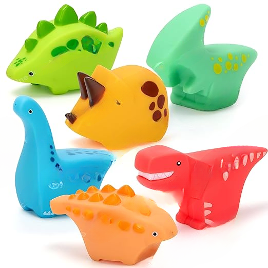 6 Pc Colorful Non-Toxic Dino Design Mold Free Chuchu Sound Bath/ Pool Toys , Toddler Baby Bathtub Bathing Squeeze Toys
