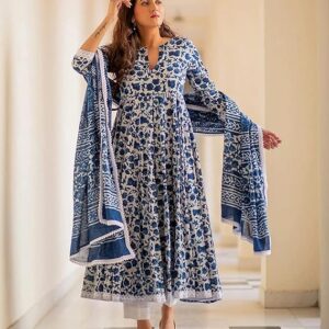 Women's Cotton Printed Anarkali Kurta with Palazzo & Dupatta Set