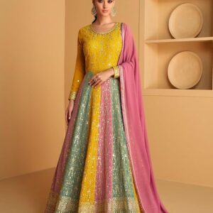 Women's Yellow Faux Georgette Stitched Top with Dupatta Full Sleeve Embroidered Anarkali Gown (ME-1183)