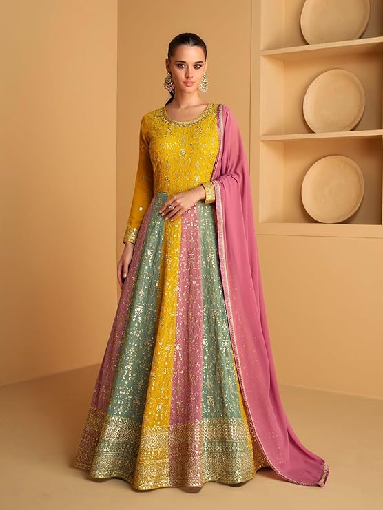Women's Yellow Faux Georgette Stitched Top with Dupatta Full Sleeve Embroidered Anarkali Gown (ME-1183)
