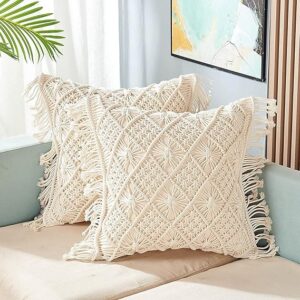 Macrame Cushion Cover 16 x 16 inch Handmade Soft Boho Cotton Pillow Case for Sofa Set Bed Living Room Bedroom in Premium Canvas Fabric with Back Zipper, Off-White, 1-Piece