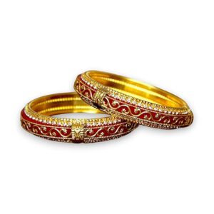 Gold Plated Red Enamel Bangle Style Brass Kada For Women | Traditional Rajwadi Bangles with White Stones | Stylish Bangles Set for Girls and Women