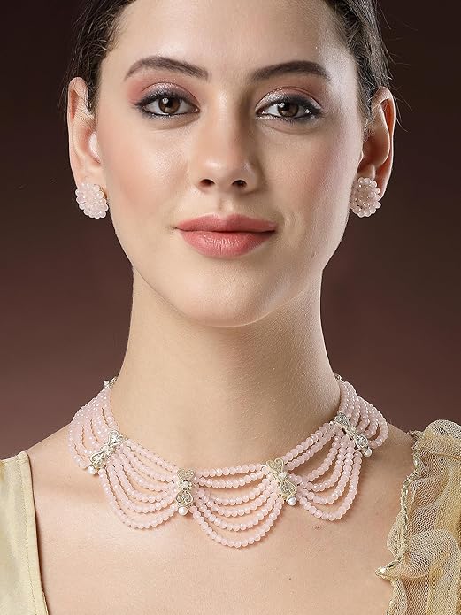 Pink Crystal Gold Plated Kundan Necklace Set for Women