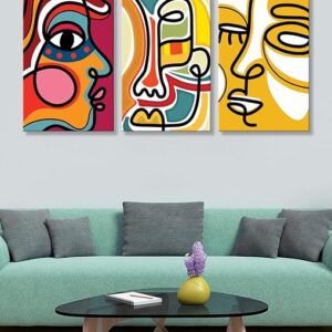 wooden stretched Abstract Face Wall Art paintings for home decor big size Wall Hanging Canvas wall frame for living room (Multicolour, Set of 3 Canvas, 54X30 Inches) 3FCanvas242