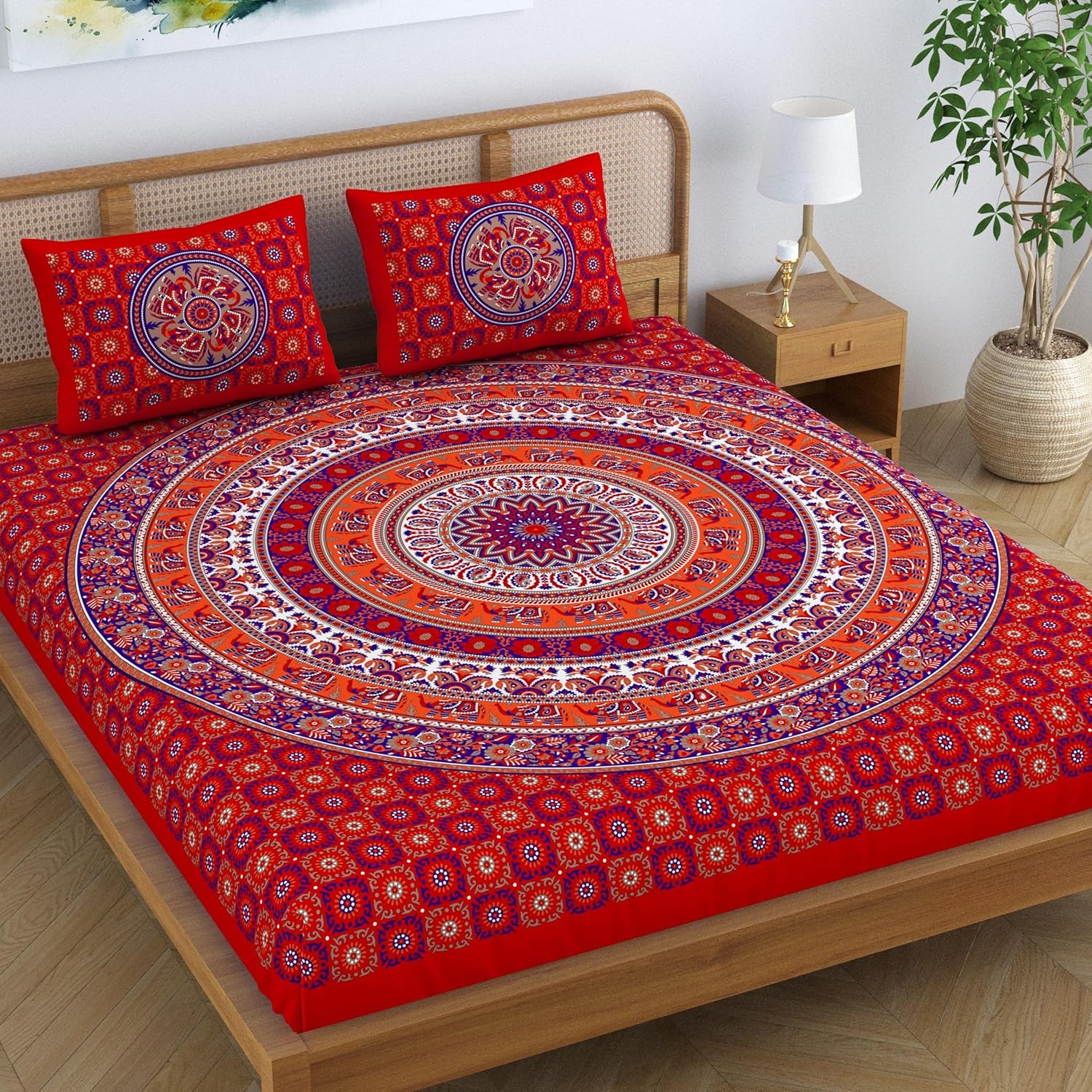 Elephant Mandala 144 TC 100% Cotton Double King Size Bedsheet with 2 Pillow Covers, Red