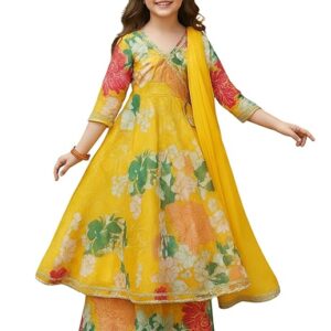 Girls Rayon Fabric Floral Printed 3/4 Sleeve Sharara Dress Set For All Occasion salwar suit