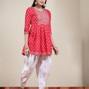 Women's Printed & Embroidered Rayon A-Line Kurti With Dhoti Pant