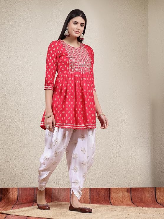 Women's Printed & Embroidered Rayon A-Line Kurti With Dhoti Pant
