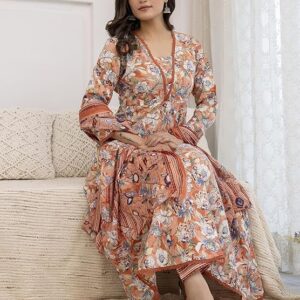 Women's Printed Cotton Anarkali Kurta & Pant With Dupatta Set