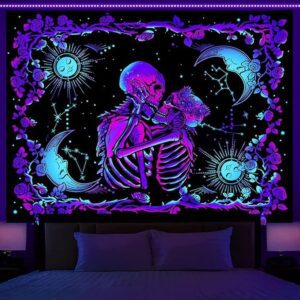 UV Luminous Skull Tapestry, UV Reactive Glow in The Dark, The Kissing Lovers Tapestry, Skeleton Wall Art for Bedroom Living Room, Wall Hanging Decor (51inch x 59inch) Polyester