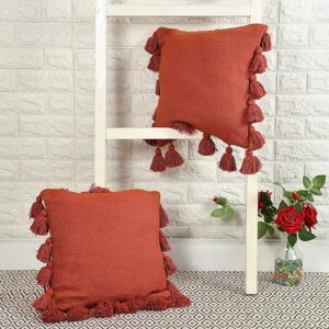 Luxury Cotton Handmade Decorative Boho Throw Pillow Covers with Tassels 16"X16" for Decorative Sofa Couch Living Room Indoor Outdoor Chair Car Farmhouse (Rust, 1)