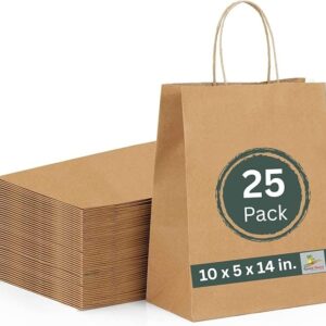 Kraft Paper Bags with Handles- 25pcs 10"x14"x5" Medium Brown Bags, Return Gift Craft Paper carry Bag for Shopping Retail Merchandise - Disposable (10x5x14 in Brown, 25 pack)
