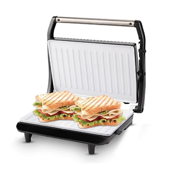 Sandwich Grill | Ceramic Coated,Non-Toxic,Non Stick,Fixed Grill plate | Toaster Griller Sandwich Maker | Auto Cut Off | LED Indicator | 180?Open | Adjustable Height Control | Metallic Silver