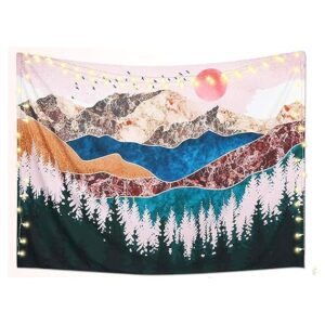 Polyester Sunset Forest Tree Mountain Tapestry Wall Hanging Psychedelic Nature Landscape Wall Art Tapestrys Bed Cover Wall Hanging for Bedroom (51X59inches)