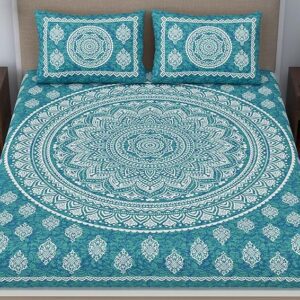 Cotton Blend Traditional Mandala Jaipuri Printed Bedsheet for Double Bed King Size with 2 Pillow Covers, Sea Green, 120 TC