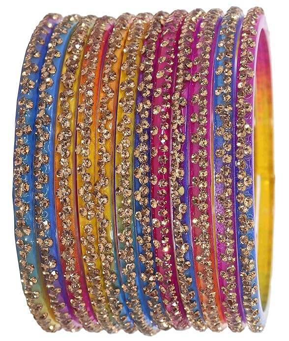 Designer Glass Bangles Set with Diamond Stone For Women & Girls | Stylish Glass Bangles | Fancy Chudi Set | Traditional Women's Bangles | Fashion Jewellery- Set of 12
