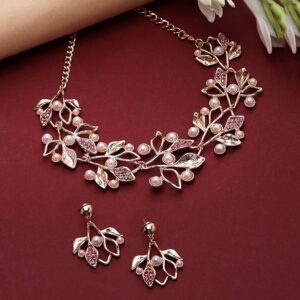 Oxidised Silver-Plated Cubic Zirconia & White Pearls Studded Leaf Shaped Necklace With Earrings Jewellery Set For Girls and Women