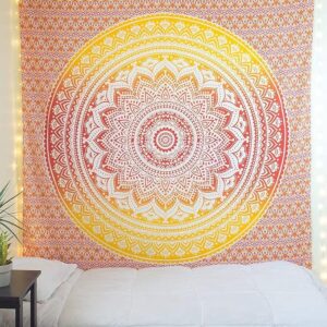 Ombre Mandala Bohemian Hippie College Room Dorm Tapestry Single Bedsheet Beach Towel Picnic mat Decoration (Yellow, Poster)