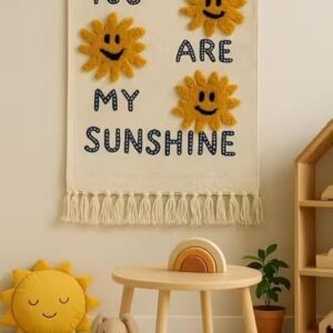 Sunshine Wall Hanging, Decorative Woven Tapestry with Sun Design, Cotton Macrame Banner, Cream and Yellow (YELLOW-02)