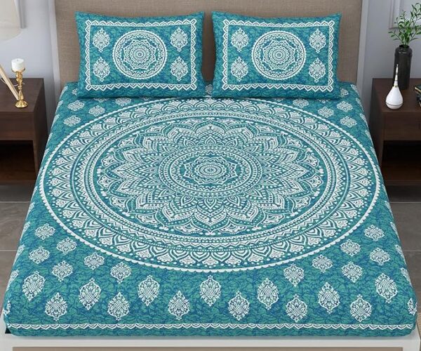 Cotton Blend Traditional Mandala Jaipuri Printed Bedsheet for Double Bed King Size with 2 Pillow Covers, Sea Green, 120 TC