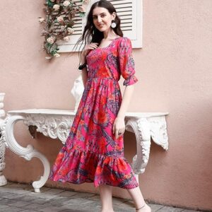 Women's Georgette Floral Printed Western Dress || Half Sleeve Fit & Flare Design || A-Line Knee Length Maxi Gown Casual Wear