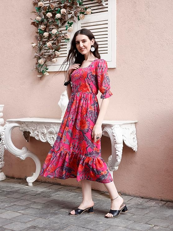 Women's Georgette Floral Printed Western Dress || Half Sleeve Fit & Flare Design || A-Line Knee Length Maxi Gown Casual Wear