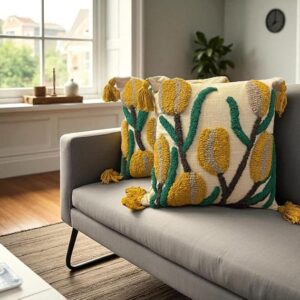 Boho Embroidered Cushion Cover 40x40 cms | Handmade Heavy Decorative Throw Pillow Case | Aesthetic Sofa Cushion Cover for Living Room & Bedroom (1, Golden Corns, 16x16 inches)