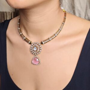 Micro Gold Plated Triangle Necklace Set with American Diamond, Zircon & Moissanite Stones | Party Bling Luxury Designer Jewelry for Women & Girls