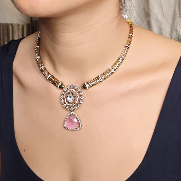 Micro Gold Plated Triangle Necklace Set with American Diamond, Zircon & Moissanite Stones | Party Bling Luxury Designer Jewelry for Women & Girls