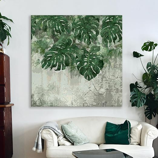 PLANE DESIGN Abstract Botanical Boho Wall Art Framed Canvas painting Tropical Leaf Modern Artwork Wall Decoration For Living Room Bedroom Office. (24 Inch x 24 inch, E)