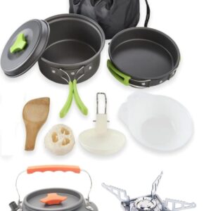 Camping Cooking Set with Gas Stove with Portable Kettle 0.8 L,Camping Accessories for Outdoor?Camping Utensils with Carry Bag (Cooking Set + Gas Stove + Portable Kettle)