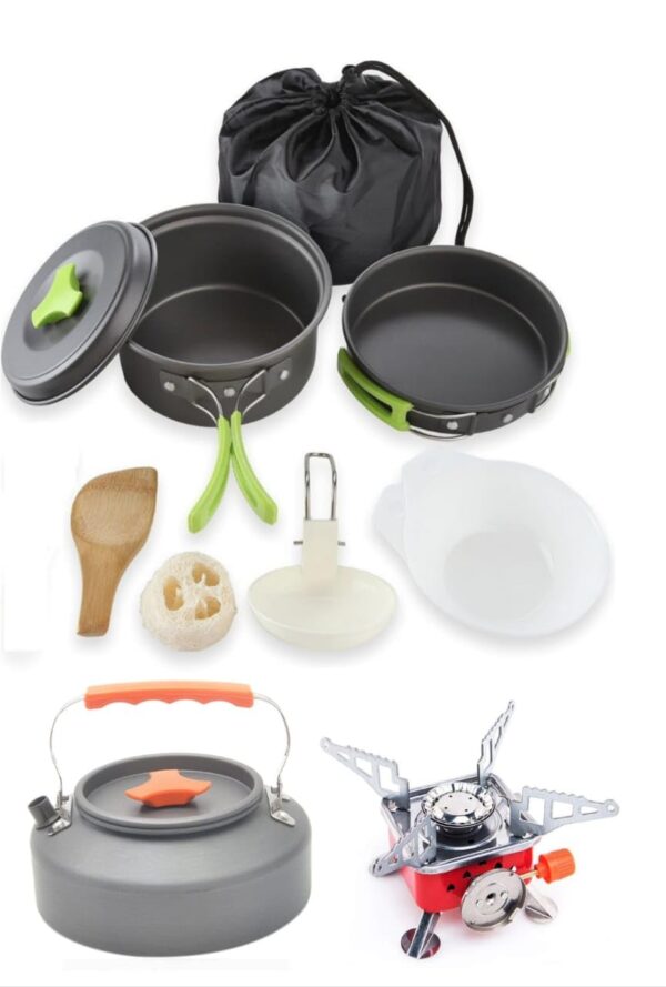 Camping Cooking Set with Gas Stove with Portable Kettle 0.8 L,Camping Accessories for Outdoor?Camping Utensils with Carry Bag (Cooking Set + Gas Stove + Portable Kettle)