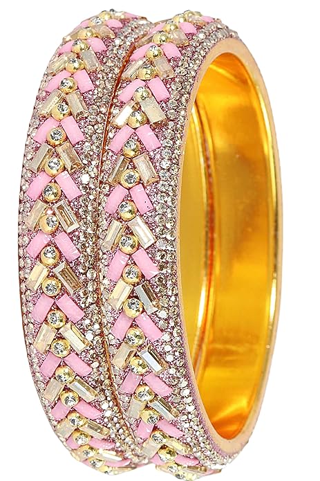 Trendy Golden Metal Bangles Set with Zircon Diamond Stone & Beads For Women & Girls | Stylish Kada Bangles Latest | Traditional Women's Kangan | Girl's Bangles Wedding, Party, Daily-Set of 2