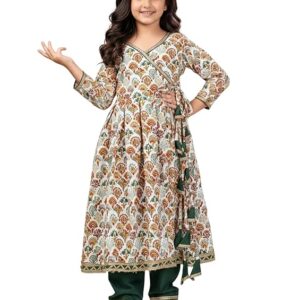Girl's Rayon Blend Floral Pattern Anarkali Dress Payjama Dupatta Set with 3/4 Sleeve V- Neck and Drawstring Closure Type| Kurta Sharara Set for Girl's