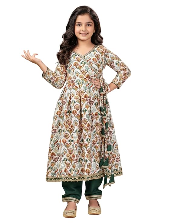 Girl's Rayon Blend Floral Pattern Anarkali Dress Payjama Dupatta Set with 3/4 Sleeve V- Neck and Drawstring Closure Type| Kurta Sharara Set for Girl's