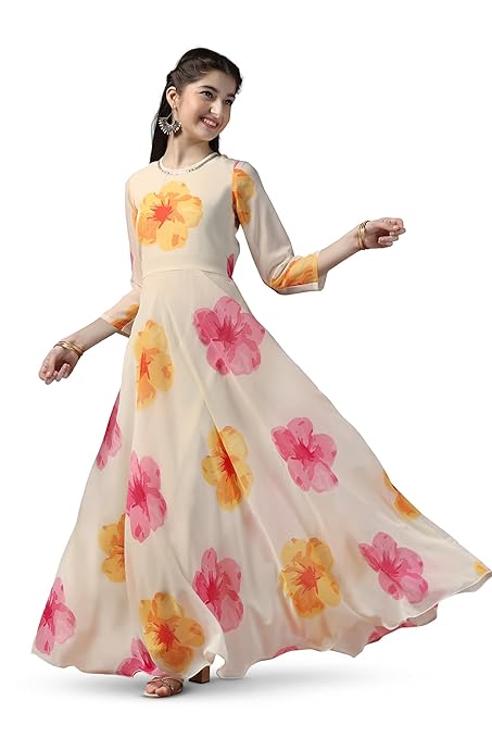 Dream Girl's Printed Maxi Length Dress|Printed Dress for Girls