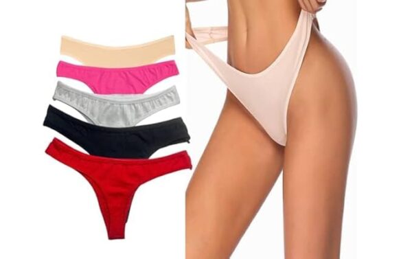 Women Cotton Comfortable Fabric Daily Use Regular Wear Mid Rise Thong Panty Pack of 5 (Beige Pink White Black Red)