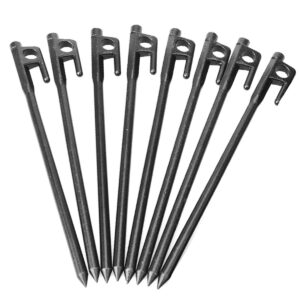 Tent Pegs Ground Stakes Camping Heavy Duty Forged Steel Metal Large Hard Ground Rocky Cast Wrought Iron 12 Inch with Hook Pack of 08