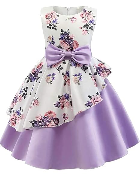 Girl's Satin Floral Printed Frock Knee Length Short Frocks Dress.