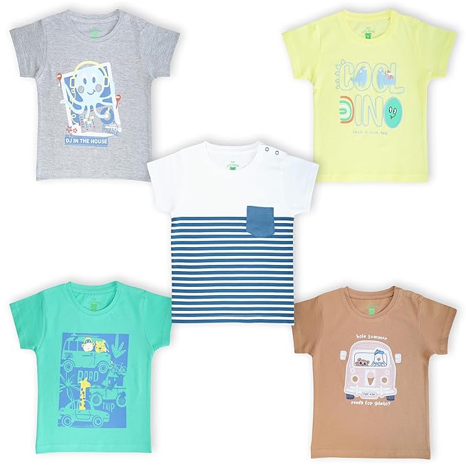 Baby Boys & Girls 100% Cotton Printed Multicolor Half Sleeve T Shirts - 0 to 24 Months Babies, Pack of 5