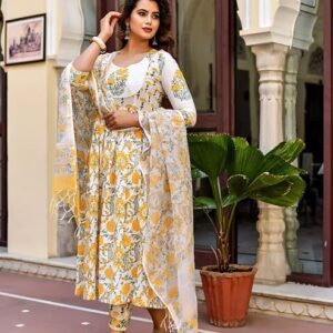 Women Block Printed Anarkali Kurta and Pant Set With Dupatta