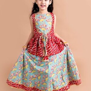 Girls Cotton Printed Sequinned Ready To Wear Readymade Lehenga Choli (Green)