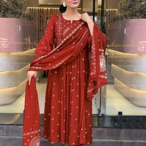 Women Rayon Printed Anarkali Kurta Set with Dupatta
