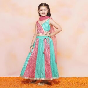 Kids Brocade Embroidered Sleeveless Lehenga Choli Set For Girls