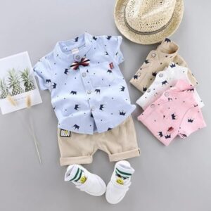 Kid Boy's Hosiery Cotton Blend Printed Cord Set with Mandarin Collar Short Sleeve Shirt and Side Pocket Elastic Waistband Closure Short Pant with Tie