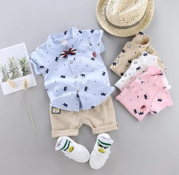 Kid Boy's Hosiery Cotton Blend Printed Cord Set with Mandarin Collar Short Sleeve Shirt and Side Pocket Elastic Waistband Closure Short Pant with Tie