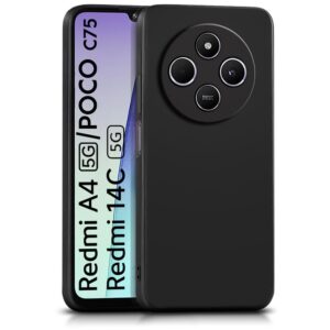 Back Cover for Redmi A4 5G | Poco C75 5G | 14C 5G | Poco M7 | Ultra Slim Soft Rubberised Case | Inner Velvet Fabric Lining | Matte Silicone Flexible Mobile Case | Camera Protection - Black